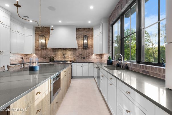 Interior, Kitchen, Pendant Lights, Recessed Lighting, Stainless Steel Appliances, Stone Walls