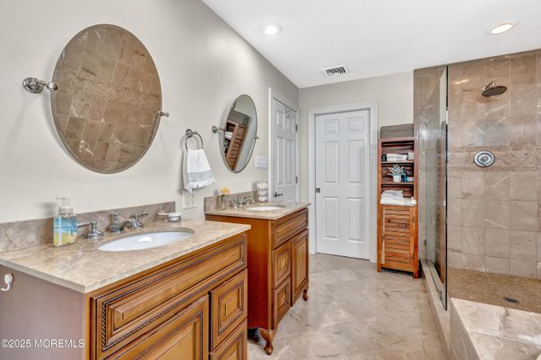 Bathroom, Dual Sink Vanities, Glass Shower, Interior, Recessed Lighting