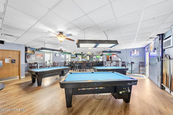 Billiard Table, Game Room, Interior, Pendant Lights, Wood Texture Flooring