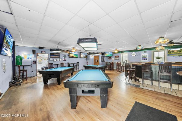 Billiard Table, Game Room, Interior, Pendant Lights, Wood Texture Flooring