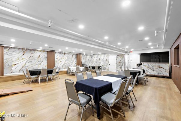 Dining room, Interior, Marble Walls, Recessed Lighting, Wood Texture Flooring