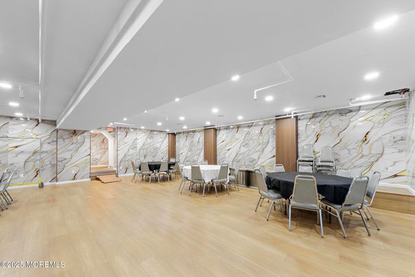 Dining room, Interior, Marble Walls, Recessed Lighting, Wood Texture Flooring