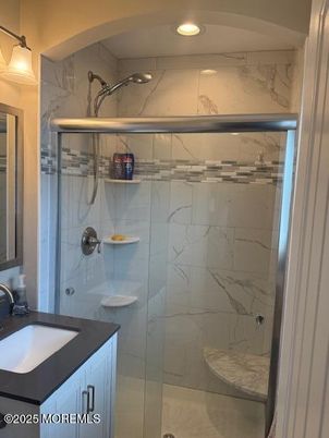 Bathroom, Glass Shower, Interior, Marble Walls, Recessed Lighting