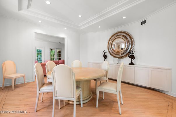 Dining room, Interior, Recessed Lighting, Wood Texture Flooring