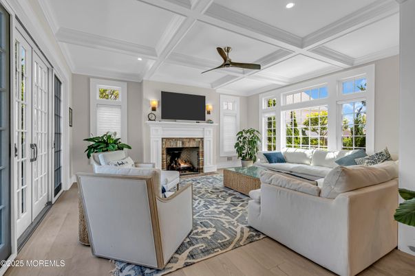 Fireplace, Interior, Living room, Recessed Lighting, Wood Texture Flooring