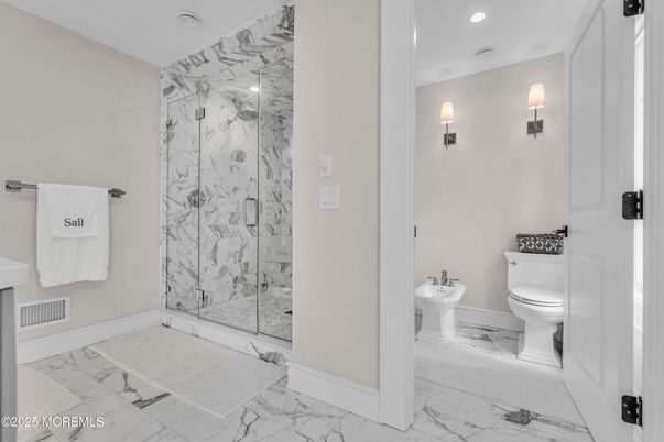 Bathroom, Glass Shower, Interior, Marble, Marble Walls, Recessed Lighting