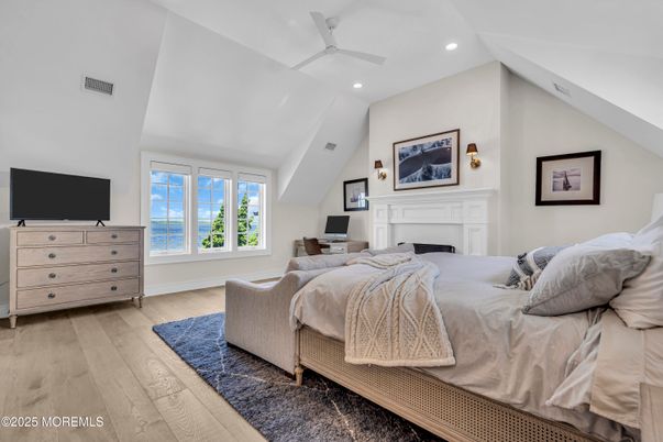 Bedroom, Fireplace, Interior, Recessed Lighting, Wood Texture Flooring