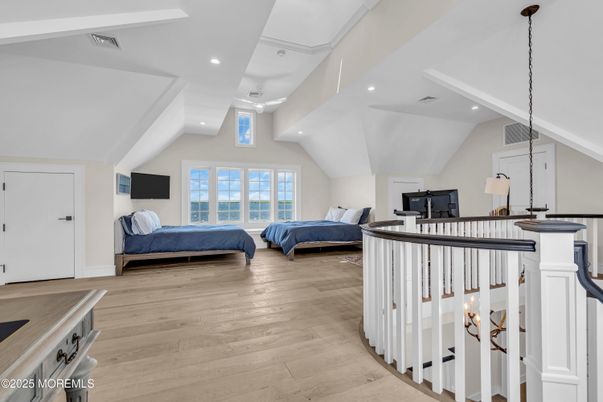Bedroom, Interior, Pendant Lights, Recessed Lighting, Wood Texture Flooring