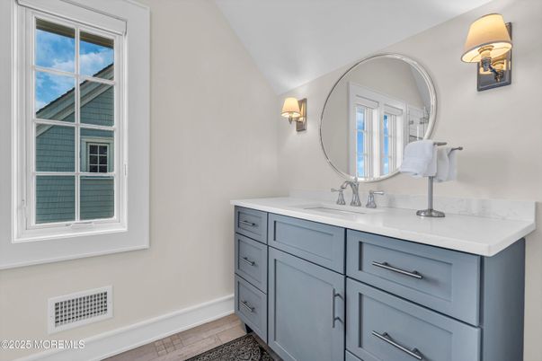 Bathroom, Dual Sink Vanities, Interior, Wood Texture Flooring