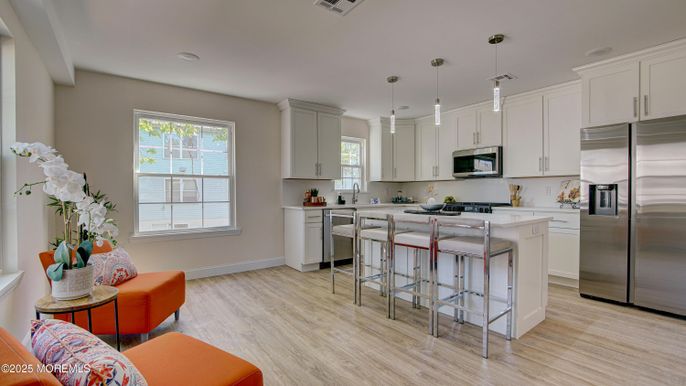 Interior, Kitchen, Pendant Lights, Recessed Lighting, Stainless Steel Appliances, Wood Texture Flooring