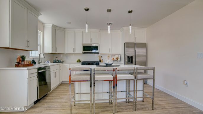 Interior, Kitchen, Pendant Lights, Stainless Steel Appliances, Wood Texture Flooring