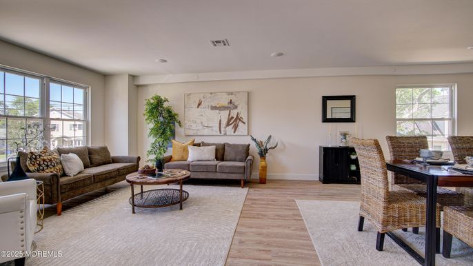 Dining room, Interior, Living room, Recessed Lighting, Wood Texture Flooring