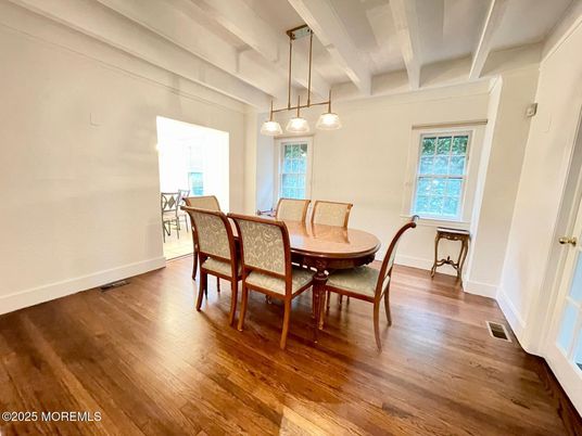 Dining room, Interior, Pendant Lights, Wood Texture Flooring