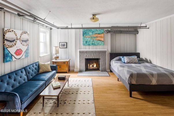 Bedroom, Fireplace, Interior, Wood Texture Flooring