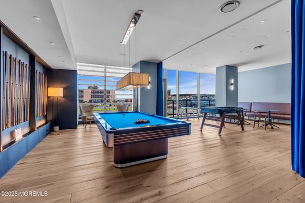 Billiard Table, Game Room, Interior, Pendant Lights, Recessed Lighting, Wood Texture Flooring