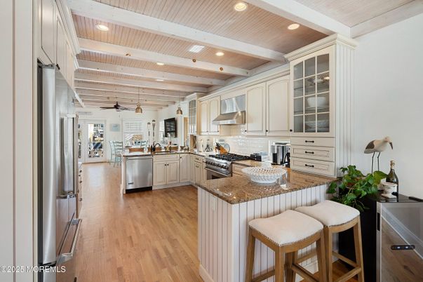 Interior, Kitchen, Recessed Lighting, Stainless Steel Appliances, Wooden Beams, Wooden Ceilings, Wood Texture Flooring