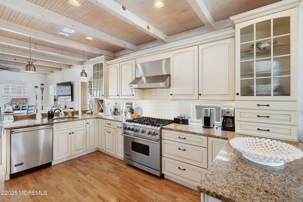 Interior, Kitchen, Pendant Lights, Recessed Lighting, Stainless Steel Appliances, Wooden Ceilings, Wood Texture Flooring