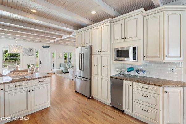 Interior, Kitchen, Pendant Lights, Recessed Lighting, Stainless Steel Appliances, Wooden Ceilings, Wood Texture Flooring