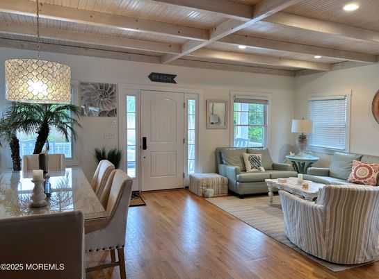 Dining room, Interior, Living room, Recessed Lighting, Wooden Beams, Wooden Ceilings, Wood Texture Flooring