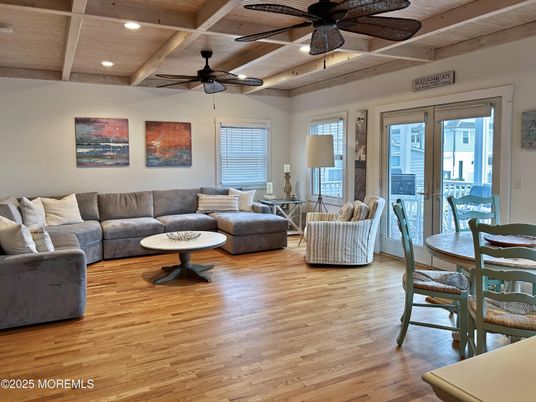 Dining room, Interior, Living room, Recessed Lighting, Wooden Beams, Wood Texture Flooring