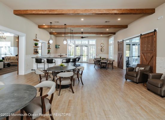 Dining room, Interior, Living room, Pendant Lights, Recessed Lighting, Wooden Beams, Wood Texture Flooring