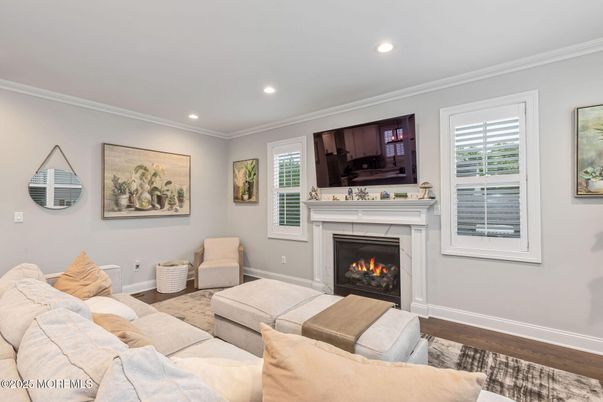 Fireplace, Interior, Living room, Recessed Lighting, Wood Texture Flooring
