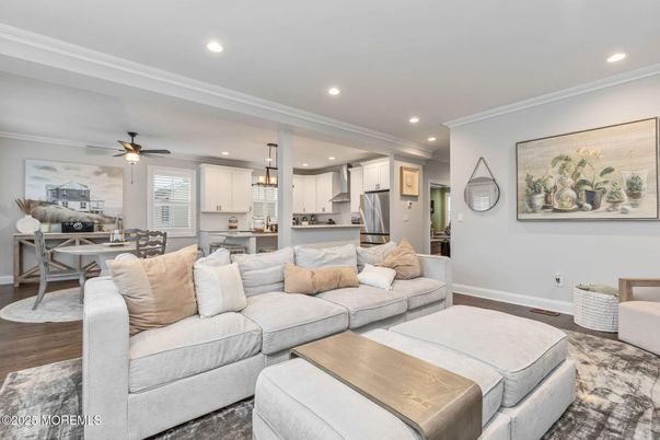 Dining room, Interior, Kitchen, Living room, Pendant Lights, Recessed Lighting, Stainless Steel Appliances, Wood Texture Flooring