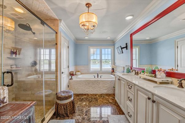Bathroom, Chandelier, Dual Sink Vanities, Glass Shower, Interior, Recessed Lighting