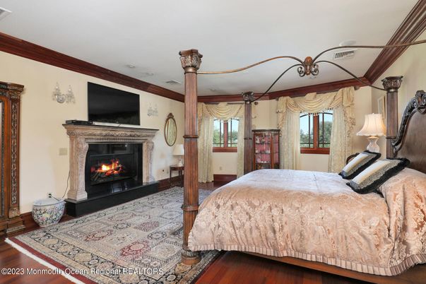 Bedroom, Fireplace, Interior, Wood Texture Flooring