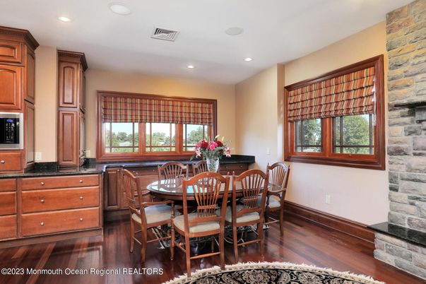 Dining room, Interior, Kitchen, Recessed Lighting, Stone Walls, Wood Texture Flooring