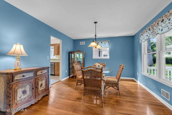 Dining room, Interior, Pendant Lights, Wood Texture Flooring