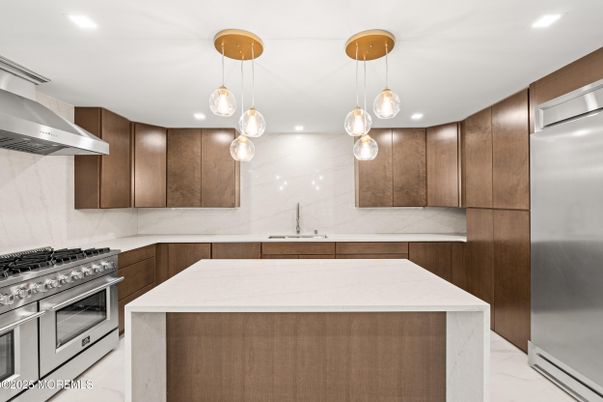 Interior, Kitchen, Marble, Pendant Lights, Recessed Lighting, Stainless Steel Appliances