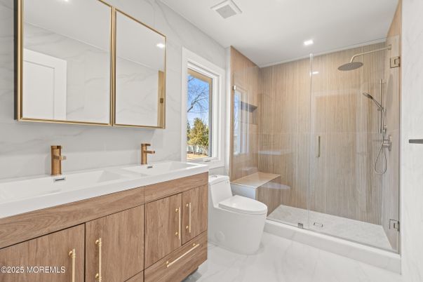 Bathroom, Dual Sink Vanities, Glass Shower, Interior, Marble, Recessed Lighting