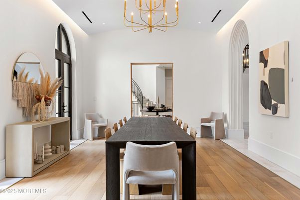 Dining room, Interior, Pendant Lights, Recessed Lighting, Wood Texture Flooring