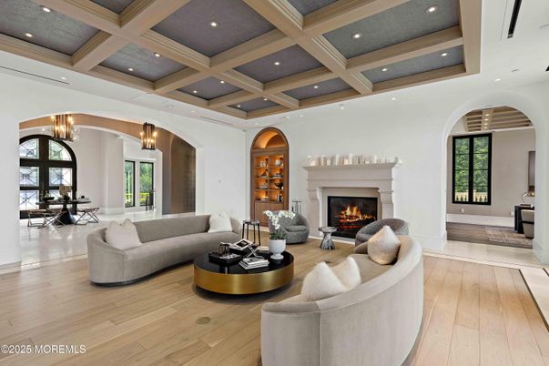 Dining room, Fireplace, Interior, Living room, Recessed Lighting, Wood Texture Flooring