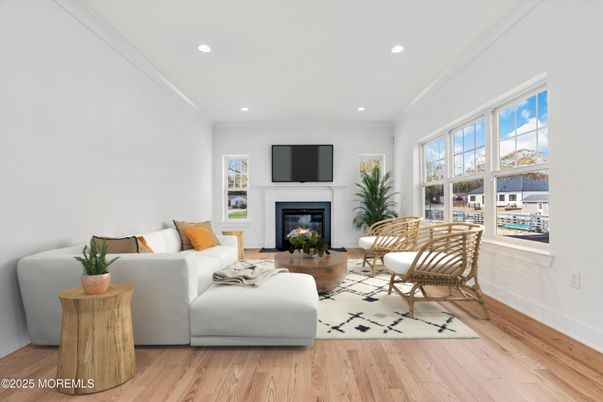 Fireplace, Interior, Living room, Recessed Lighting, Wood Texture Flooring