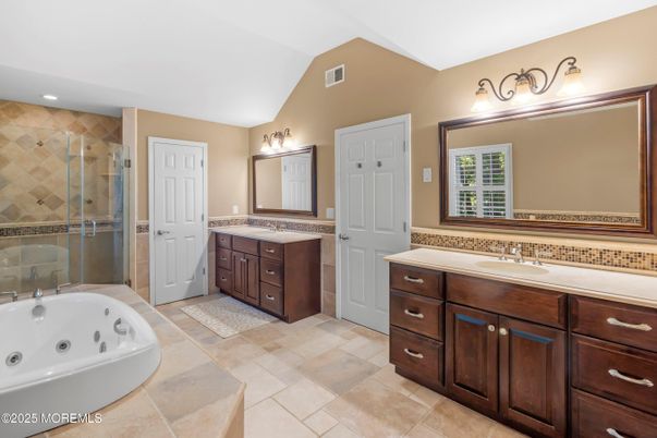 Bathroom, Dual Sink Vanities, Glass Shower, Interior, Recessed Lighting