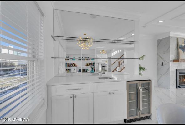 Fireplace, Interior, Kitchen, Marble Walls, Recessed Lighting
