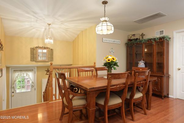 Dining room, Interior, Pendant Lights, Wood Texture Flooring