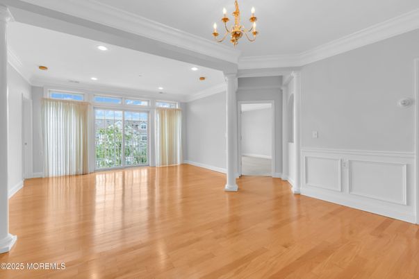 Chandelier, Empty room, Interior, Recessed Lighting, Wood Texture Flooring