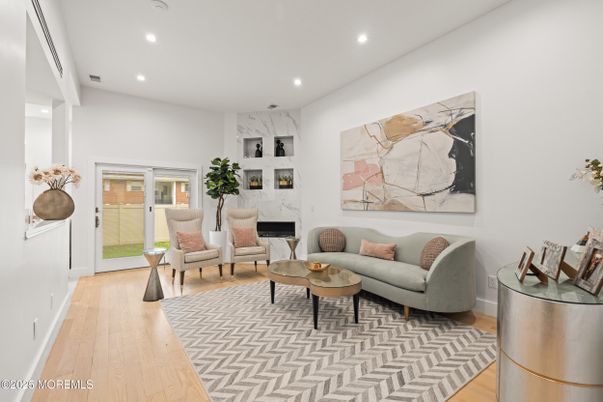 Interior, Living room, Marble Walls, Recessed Lighting, Wood Texture Flooring