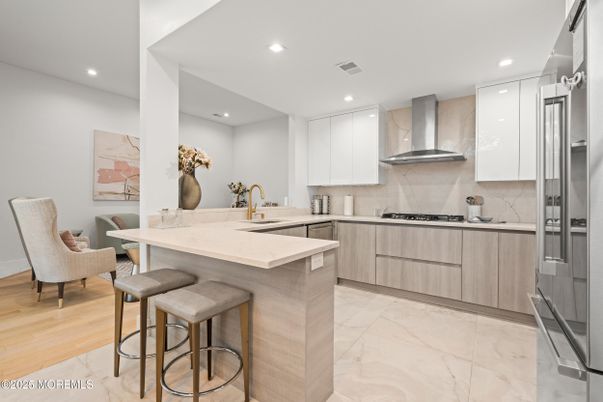 Interior, Kitchen, Marble, Recessed Lighting, Stainless Steel Appliances, Wood Texture Flooring