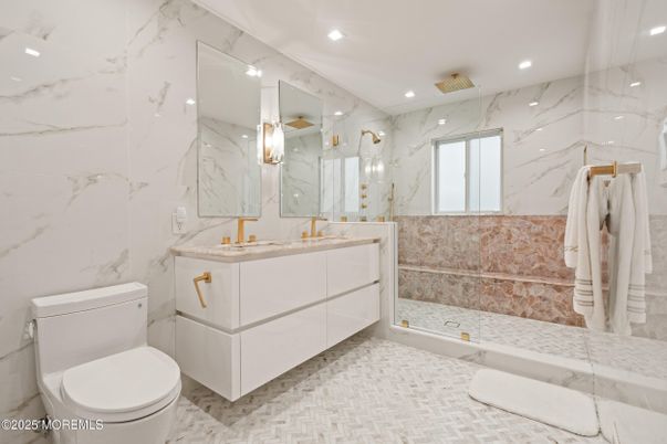 Bathroom, Glass Shower, Interior, Marble Walls, Recessed Lighting