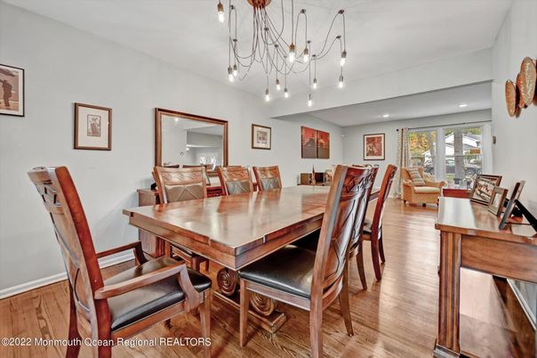 Dining room, Interior, Pendant Lights, Recessed Lighting, Wood Texture Flooring