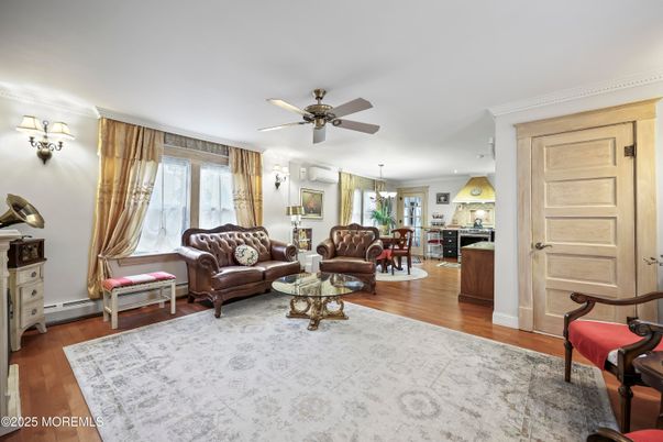 Chandelier, Dining room, Interior, Kitchen, Living room, Recessed Lighting, Wood Texture Flooring