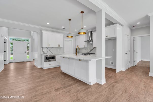 Interior, Kitchen, Marble Walls, Pendant Lights, Recessed Lighting, Wood Texture Flooring