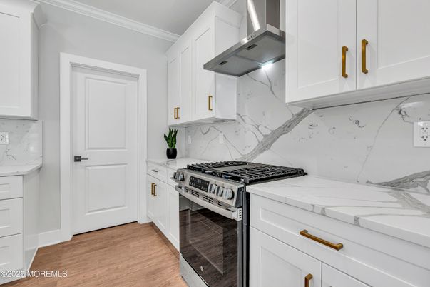 Interior, Kitchen, Marble Walls, Stainless Steel Appliances, Wood Texture Flooring