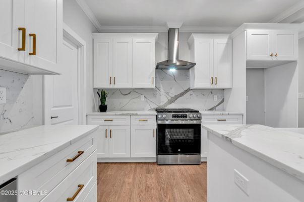 Interior, Kitchen, Marble Walls, Stainless Steel Appliances, Wood Texture Flooring