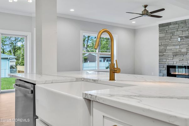 Fireplace, Interior, Kitchen, Recessed Lighting, Stone Walls