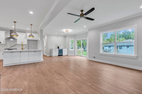 Interior, Kitchen, Marble Walls, Pendant Lights, Recessed Lighting, Wood Texture Flooring